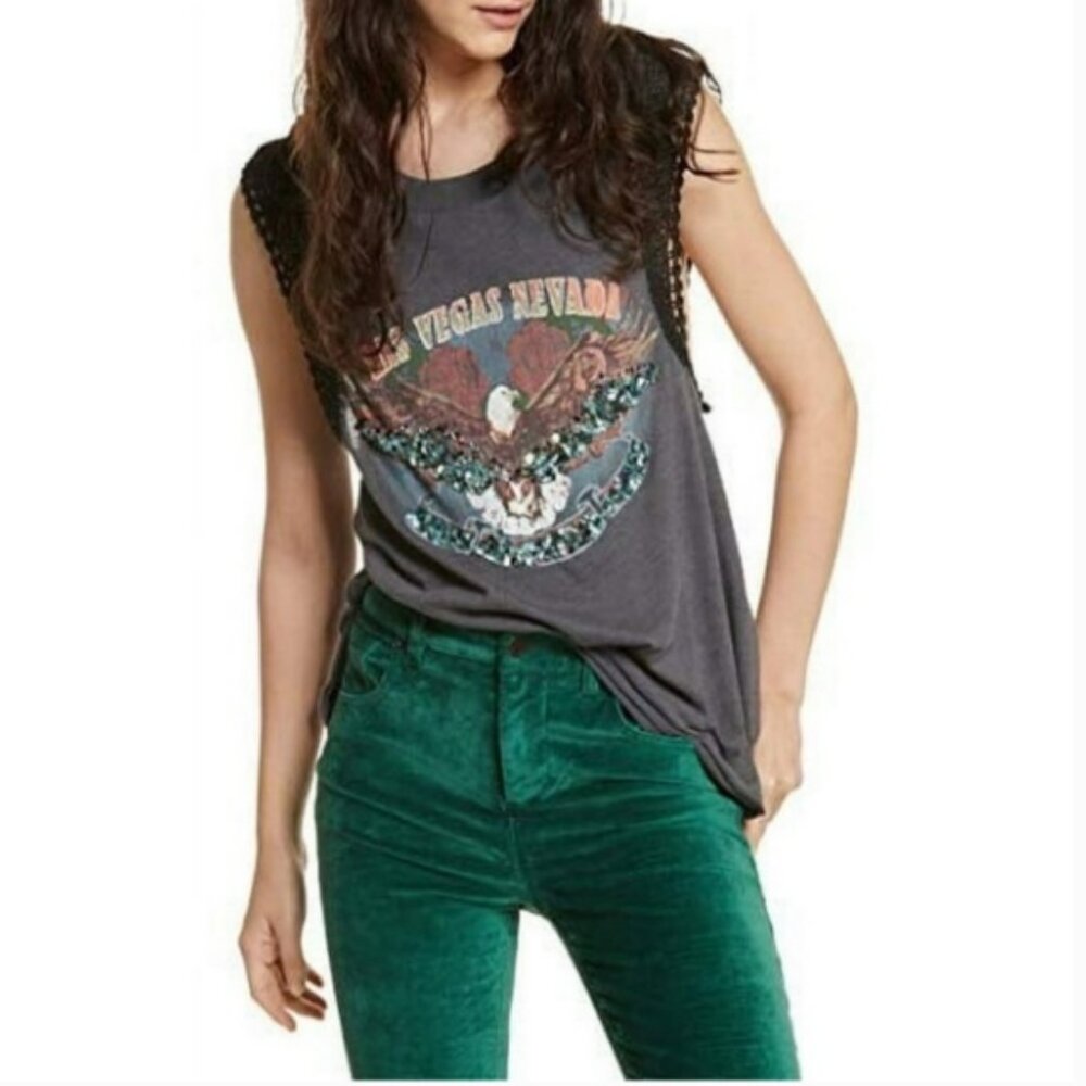 Free People Sundown sequin and bead embellished graphic swing tank, size L